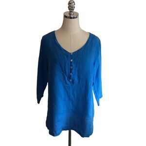 NEW Russ Berens 100% Linen Blue 3/4 Top Size SMALL Womens Lagenlook Shirt Blouse